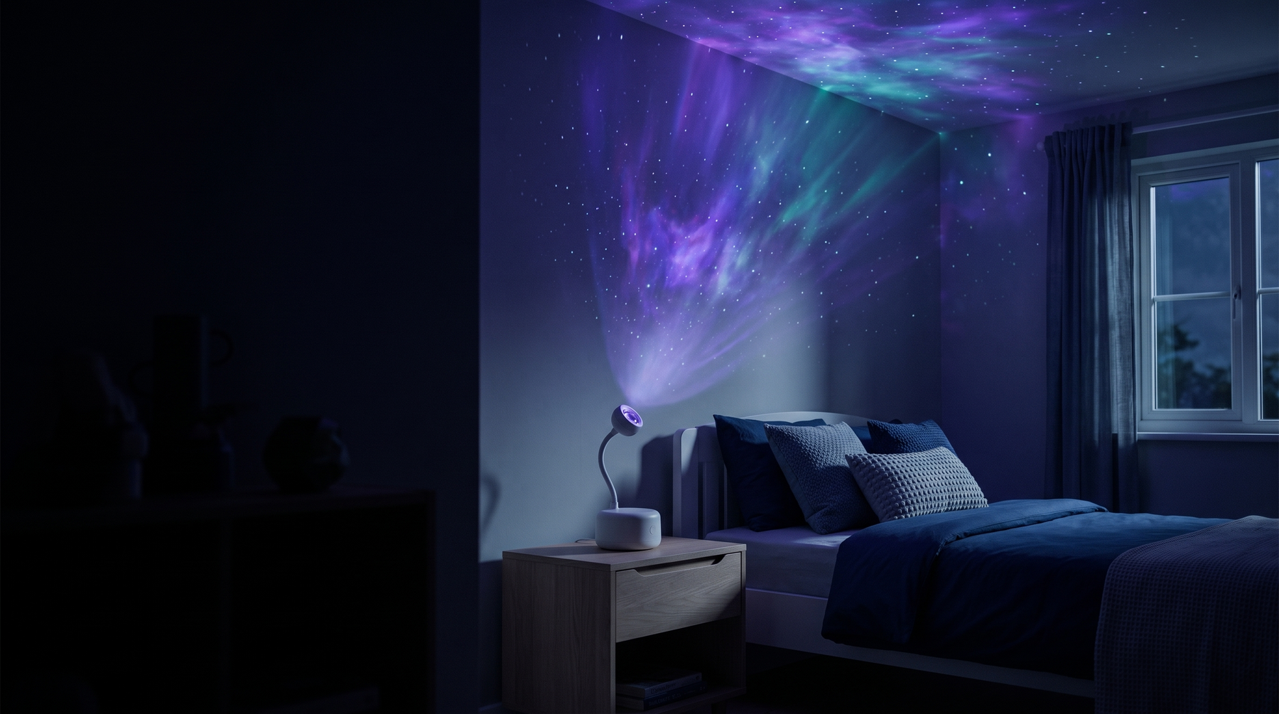 A Lunaro Halo projecting a violet nebula across a child's bedroom ceiling at night