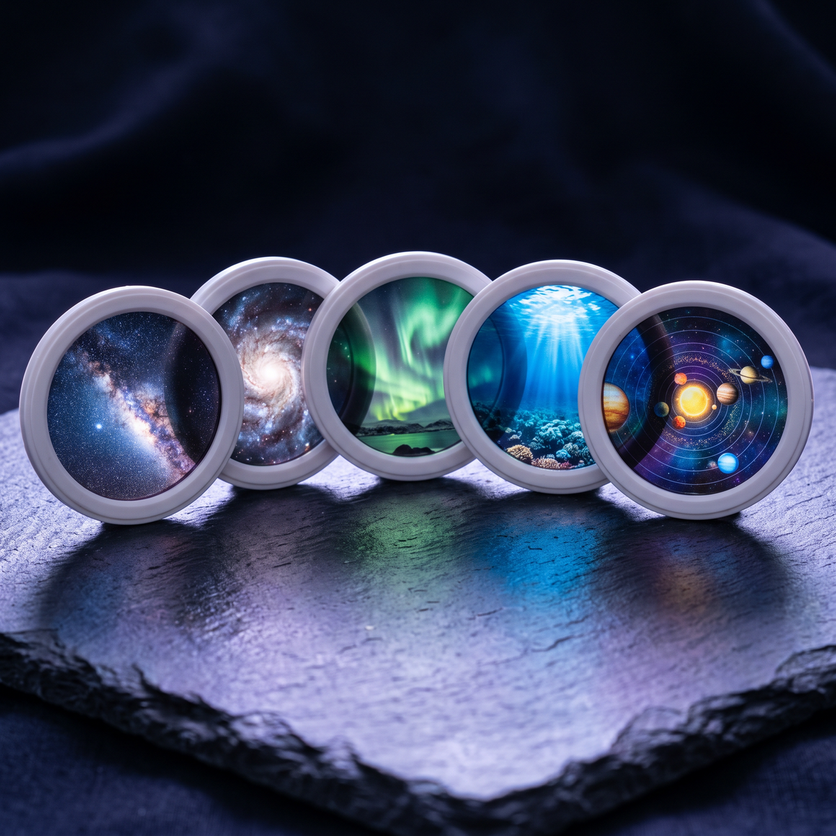 Lunaro scene discs fanned out on a dark surface